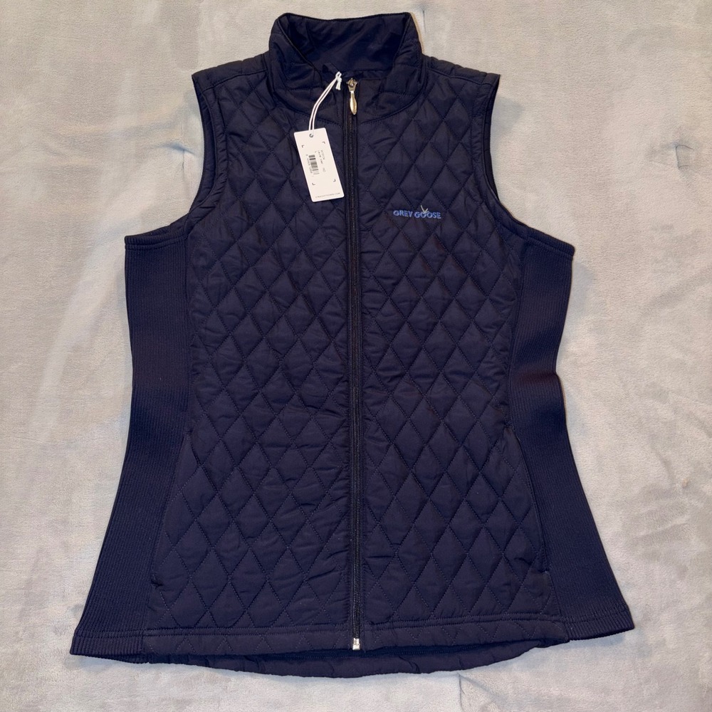 Straight Down Laurel Vest Womens Large Navy Blue Quilted Full Zip Grey Goose IND